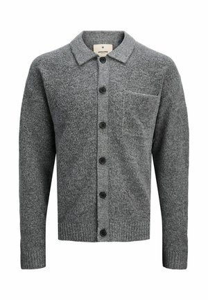 Cárdigan de lana gris con cuello, cierre frontal de botones, mangas largas y un bolsillo en el pecho. Presenta una tela texturizada y un dobladillo de canalé.
