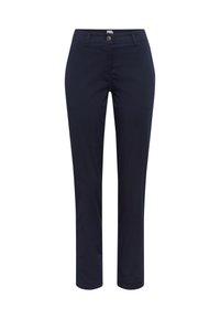 Granatowe, slim-fit spodnie wykonane z gładkiej tkaniny. Posiadają zapięcie na guzik z przodu, szlufki na pasek i kieszenie. Prosty krój nogawek.