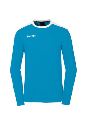 Long-sleeve sports shirt in bright blue with a white collar and shoulder accents. Features a logo on the front, made from lightweight fabric.