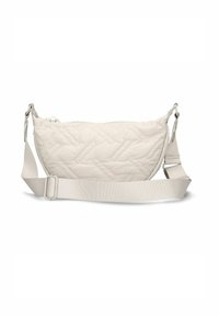 Borsa a spalla imbottita, grigia chiara, con forma arrotondata, tracolla regolabile e chiusura a zip. Presenta una superficie strutturata e una leggera lucentezza.