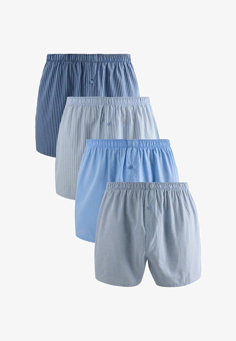 Cotton boxer shorts in varying shades of blue, featuring stripes and a checkered pattern, with an elastic waistband and front button detail.