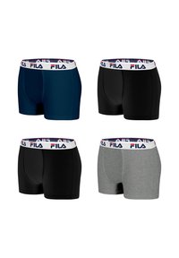 Quatre paires de boxers pour hommes : bleu marine, noir et gris. Tissu doux avec une ceinture blanche arborant le logo FILA en bleu marine et rouge.