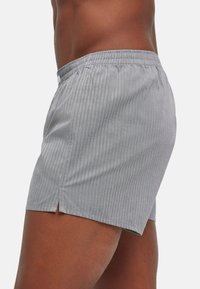 Shorts gris à rayures avec une ceinture élastique, des fentes latérales et une texture de tissu léger, visibles de profil.