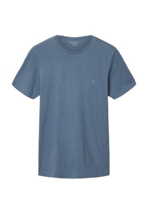 Maglietta blu a maniche corte con girocollo, con un piccolo logo ricamato sul petto a sinistra, stile semplice e casual.
