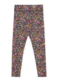 Patroonleggings met een kleurrijk ontwerp met fruit- en bloempatronen op een donkere achtergrond, gemaakt van rekbare stof.