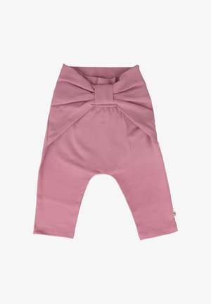 Leggings in cotone rosa con un grande fiocco in vita e gamba affusolata, caratterizzati da una texture liscia e una vita elasticizzata.