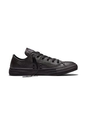 Sort lavtop lædersneaker med sorte snørebånd, gummisål og tåhætte, vist i sideprofil mod højre.