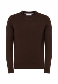 Maglione marrone a maniche lunghe realizzato in materiale morbido, caratterizzato da una scollatura rotonda e da polsini e bordo a costine, con una texture liscia.