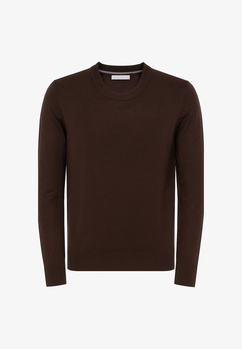 Maglione marrone a maniche lunghe realizzato in materiale morbido, caratterizzato da una scollatura rotonda e da polsini e bordo a costine, con una texture liscia.