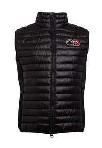 Gilet nero senza maniche con davanti trapuntato e imbottito, colletto alto e chiusura con zip. Presenta tasche laterali e una patch con il logo sul petto.