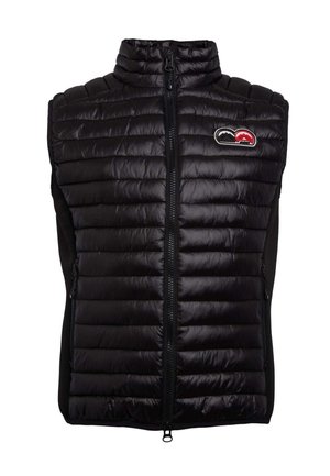 Schwarze ärmellose Weste mit gepolstertem, gestepptem Vorderteil, hohem Kragen und Reißverschluss. Mit seitlichen Taschen und einem Logo-Abzeichen auf der Brust.