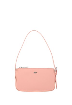 Soft pink leather shoulder bag with thin strap and silver zipper, featuring a small silver crocodile logo on the front.