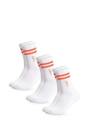 Three pairs of white crew socks with two orange stripes and an orange cocktail glass embroidered on each.
