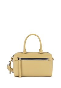 Sac à main en cuir jaune avec deux poignées supérieures, une bandoulière amovible et une poche zippée à l'avant. Texture lisse et design minimaliste.