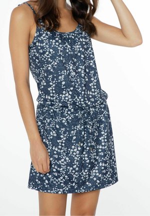 Vestido azul marino hecho de tela ligera, con un estampado floral, escote fruncido, tirantes ajustables y cintura con cordón.