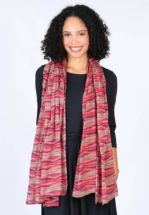 Lightweight, patterned scarf with wavy stripes in shades of pink, green, and gold, designed to be worn loosely around the neck.