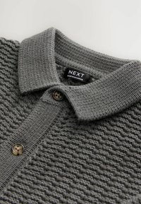 Polo en tricot gris avec un motif texturé, patte de boutonnage et col replié. Étiquette indiquant "NEXT, fabriqué au Myanmar."