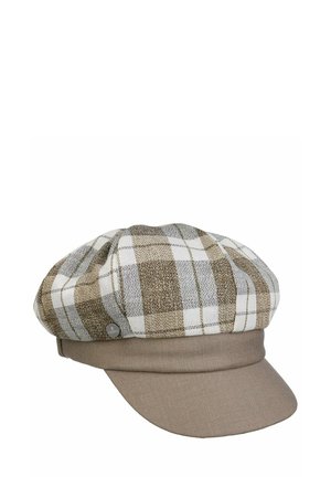 Beige and white checked newsboy cap with a solid beige brim and a small round metal logo on the side.