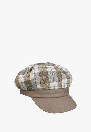 Beige and white checked newsboy cap with a solid beige brim and a small round metal logo on the side.