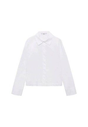 White long-sleeve shirt featuring a classic collar, central button placket, and smooth fabric with a slightly cropped hem.