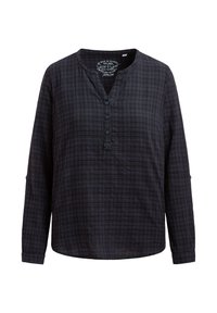 Dunkelkarierte Bluse mit langen Ärmeln, rundem Ausschnitt, einer Drei-Knopf-Leiste und einem leicht geschwungenen Saum, auf einem weißen Hintergrund präsentiert.