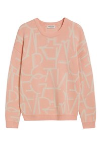 Maglione lavorato a maglia rosa chiaro con motivi astratti beige e polsini, orlo e scollatura a girocollo a coste.