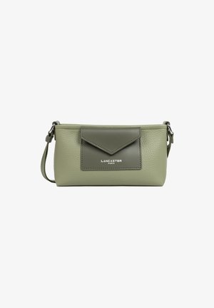 Small olive green leather crossbody bag with front envelope pocket and silver "Lancaster Paris" logo, adjustable strap, and textured finish.