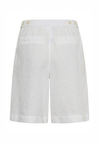 Shorts en lin blanc avec taille élastique, deux poches arrière et détails de boutons sur les côtés.