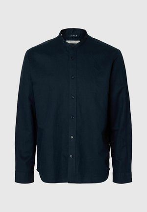 Camisa de lino azul marino de manga larga con cuello mandarín y cierre frontal de botones, exhibida sobre un fondo neutro.