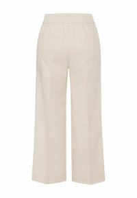 Light beige wide-leg trousers with an elastic waistband, featuring two back pockets and a smooth, textured fabric.