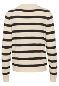 Beige- und schwarz gestreifter Pullover, lange Ärmel, runder Ausschnitt, weiche Strickstruktur, mit horizontalen Streifen unterschiedlicher Breite.