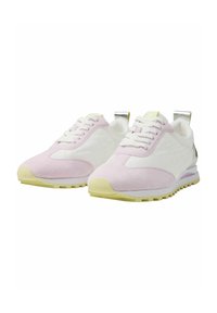 Light pink and white athletic shoes with suede and mesh materials, round toe, low profile, rubber outsole, and silver heel accents.