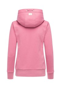Felpa rosa con un ampio cappuccio strutturato, polsini e orlo elasticizzati. Tessuto liscio con dettagli minimi e logo sul retro.