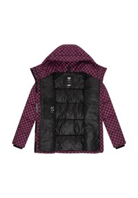 Houndstooth-mönstrad jacka i rosa och svart, med svart inredning och vadderad foder. Har en huva och dragkedjefickor.