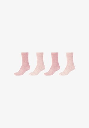 Set di quattro calzini in varie tonalità di rosa, caratterizzati da diverse trame e motivi, con polsini a coste e tessuto morbido e accogliente.