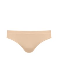Beige bikini-ondergoed met een zachte, gladde structuur, een brede, comfortabele tailleband en een minimalistisch ontwerp met beperkte bedekking.