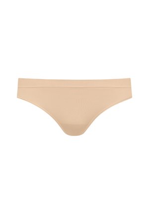 Beige bikini-ondergoed met een zachte, gladde structuur, een brede, comfortabele tailleband en een minimalistisch ontwerp met beperkte bedekking.
