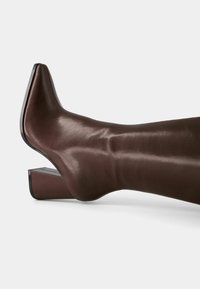Bruin leren enkelboot met puntige neus en schuin chunky hak. Gladde textuur en minimaal ontwerp. De basis heeft een contrasterende zwarte accent.