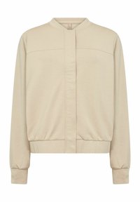 Light beige bomber jacket made of soft fabric, featuring a stand-up collar, front closure, and ribbed cuffs and hem. Simple design with minimal seams.