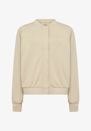 Light beige bomber jacket made of soft fabric, featuring a stand-up collar, front closure, and ribbed cuffs and hem. Simple design with minimal seams.