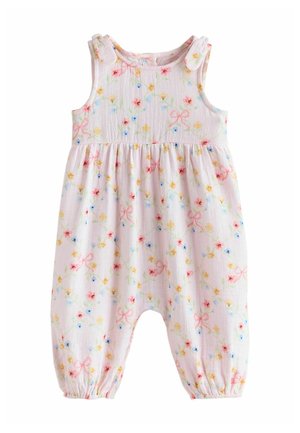 Hellrosa ärmelloser Baby-Strampler mit kleinen bunten Blumen- und Schleifenmustern, Schulterknöpfen und elastischen Fußbündchen.