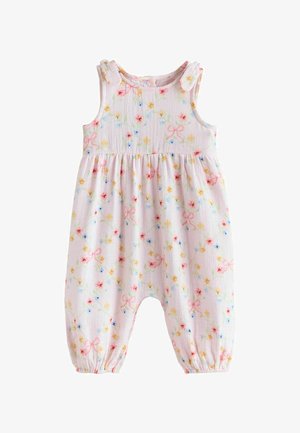 Peto de bebé sin mangas en rosa claro con pequeños patrones florales coloridos y lazos, botones en los hombros y puños elásticos en los tobillos.