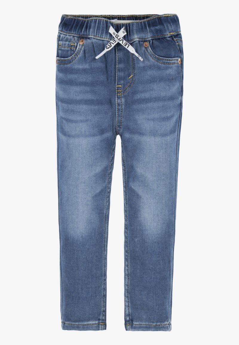 Jeans de mezclilla azul claro con cinturilla elástica y cordón. Presentan bolsillos frontales y traseros con costuras doradas y un diseño de pierna recta.