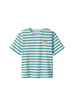 Stribet bomulds t-shirt i hvid og teal, med et tiger grafik på brystet. Korte ærmer og rund halsudskæring.