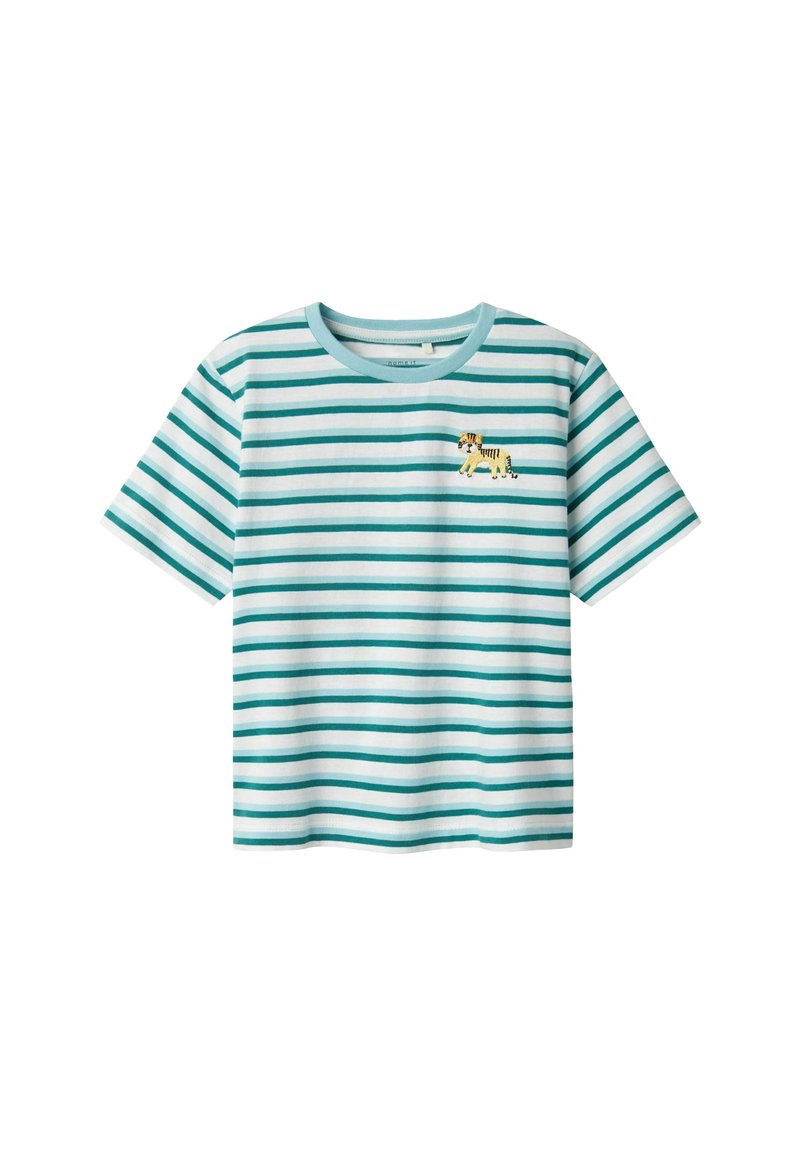 T-shirt in cotone a righe bianco e teal, con una grafica di una tigre sul petto. Maniche corte e scollatura rotonda.
