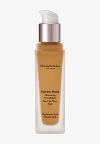 Bouteille en verre avec un distributeur à pompe, section inférieure transparente et section supérieure beige. Étiquettes de texte en noir, présentant des ingrédients tels que l'acide hyaluronique.