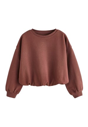 Brązowy krótkie bluza z okrągłym dekoltem, opuszczonymi ramionami i długimi, lekko bufkami rękawami; wykonana z miękkiego, teksturowanego materiału.
