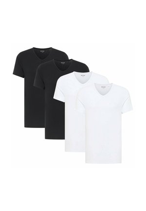 Vier T-Shirts mit V-Ausschnitt und kurzen Ärmeln, zwei schwarze und zwei weiße, in versetzter Reihe auf weißem Hintergrund angeordnet.