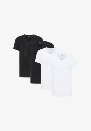 Vier T-Shirts mit V-Ausschnitt und kurzen Ärmeln, zwei schwarze und zwei weiße, in versetzter Reihe auf weißem Hintergrund angeordnet.