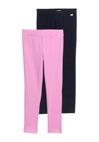 Zwei Leggings-Paare: eines in hellpink, das andere in dunkelblau. Beide haben einen glatten, dehnbaren Stoff und einen elastischen Bund.